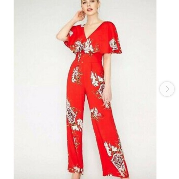 Miss Selfridge Pants - Miss Selfridge Cross over back flutter sleeves red floral jumpsuit